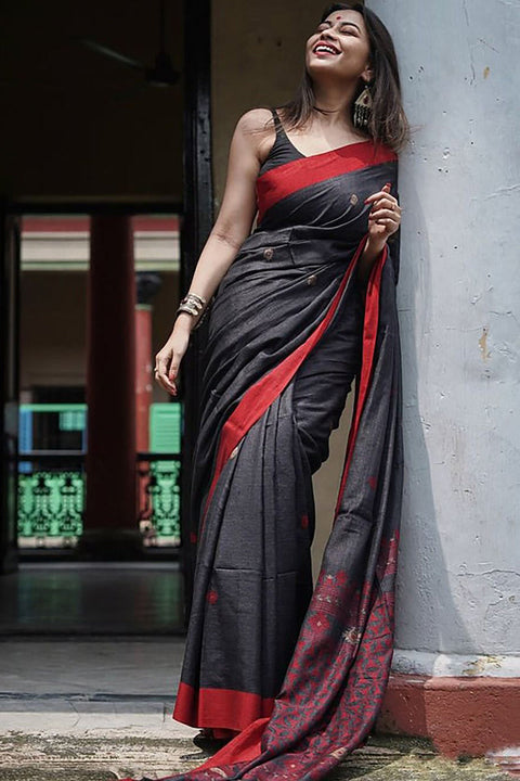 VastraLakshmi Imbrication Black Cotton Silk Saree With Scintilla Blouse Piece