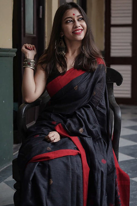 VastraLakshmi Imbrication Black Cotton Silk Saree With Scintilla Blouse Piece