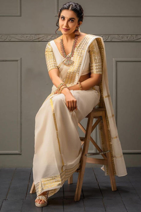 VastraLakshmi Petrichor Off White Soft Silk Saree With Scrumptious Blouse Piece