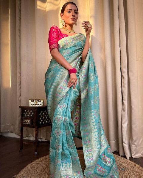 VastraLakshmi Pretty Firozi Soft Silk Saree With Mesmerising Blouse Piece