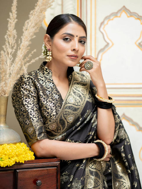 VastraLakshmi Blissful Black Soft Silk Saree With Angelic Blouse Piece