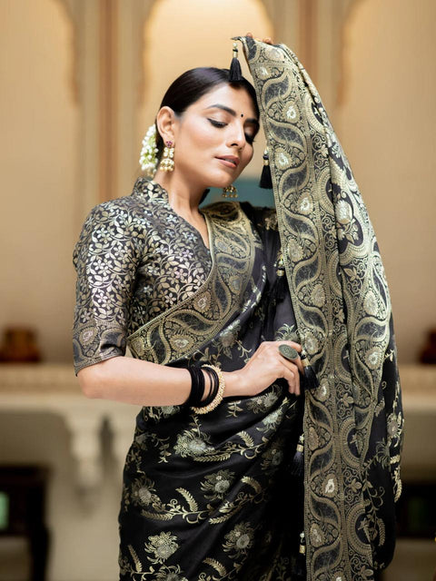 VastraLakshmi Blissful Black Soft Silk Saree With Angelic Blouse Piece