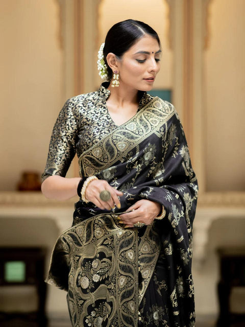 VastraLakshmi Blissful Black Soft Silk Saree With Angelic Blouse Piece