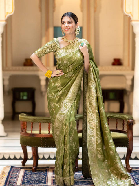 VastraLakshmi Nemesis Mehndi Soft Silk Saree With Serendipity Blouse Piece