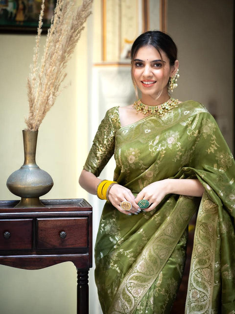 VastraLakshmi Nemesis Mehndi Soft Silk Saree With Serendipity Blouse Piece