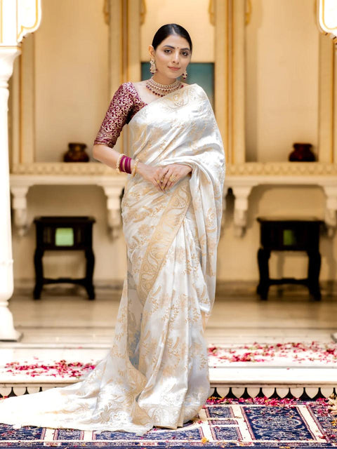 VastraLakshmi Snappy Off White Soft Silk Saree With Transcendent Blouse Piece