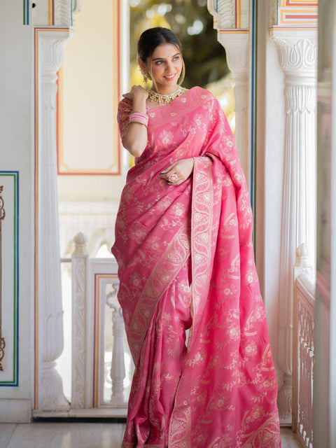 VastraLakshmi Effervescent Pink Soft Silk Saree With Assemblage Blouse Piece