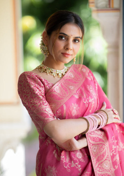 VastraLakshmi Effervescent Pink Soft Silk Saree With Assemblage Blouse Piece