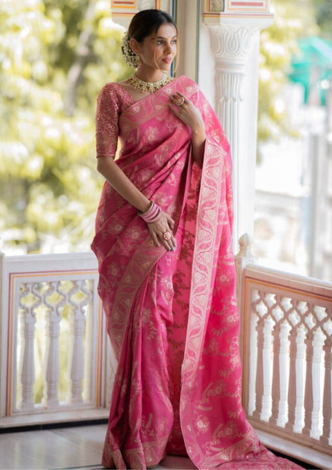 VastraLakshmi Effervescent Pink Soft Silk Saree With Assemblage Blouse Piece