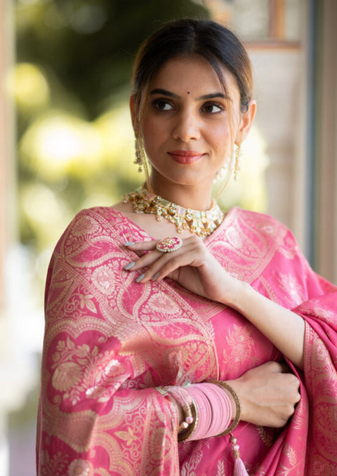 VastraLakshmi Effervescent Pink Soft Silk Saree With Assemblage Blouse Piece