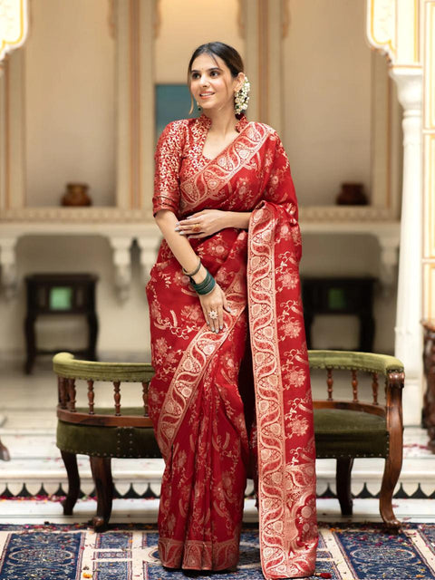 VastraLakshmi Bucolic Red Soft Silk Saree With Traditional Blouse Piece