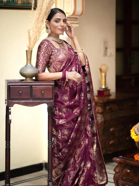 VastraLakshmi Preferable Wine Soft Silk Saree With Ethnic Blouse Piece