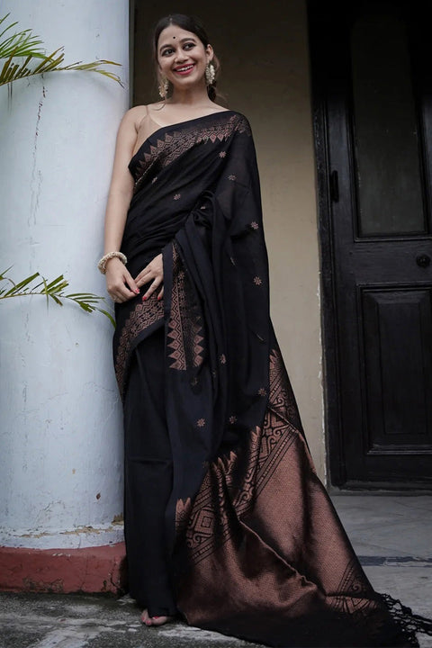 VastraLakshmi Entrancing Black Soft Silk Saree With Brood Blouse Piece