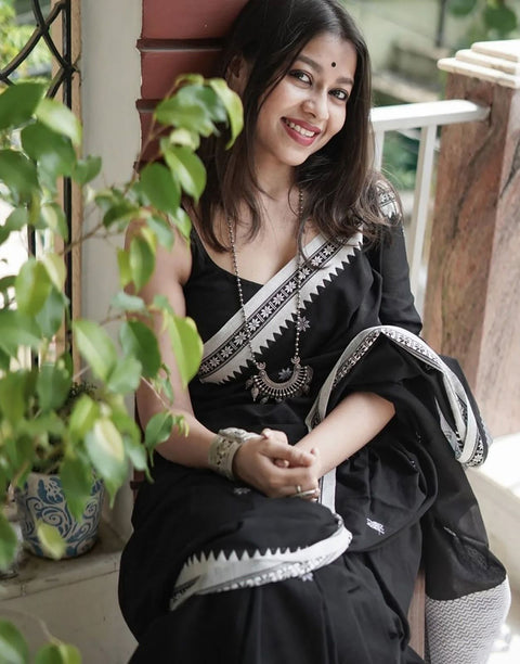 VastraLakshmi Twirling Black Cotton Silk Saree With Opulent Blouse Piece