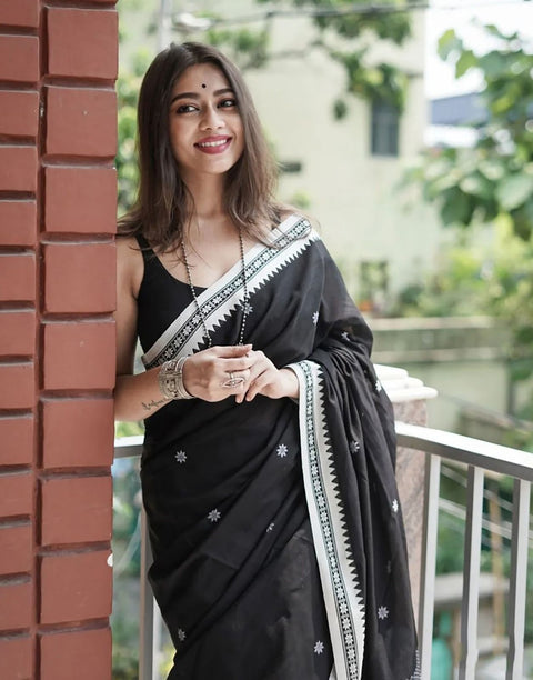 VastraLakshmi Twirling Black Cotton Silk Saree With Opulent Blouse Piece