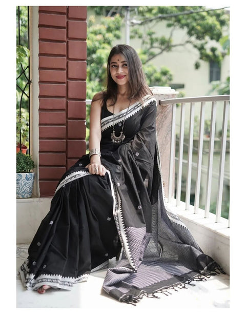 VastraLakshmi Twirling Black Cotton Silk Saree With Opulent Blouse Piece