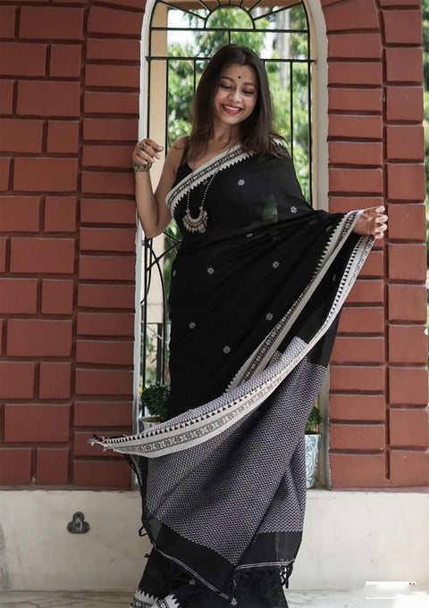 VastraLakshmi Twirling Black Cotton Silk Saree With Opulent Blouse Piece