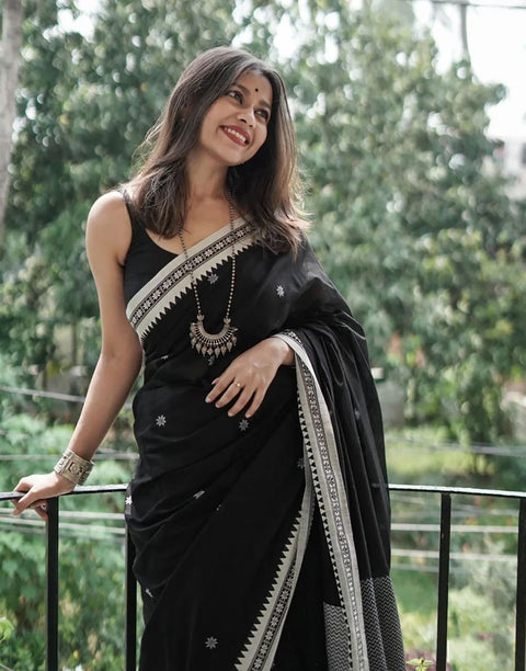 VastraLakshmi Twirling Black Cotton Silk Saree With Opulent Blouse Piece