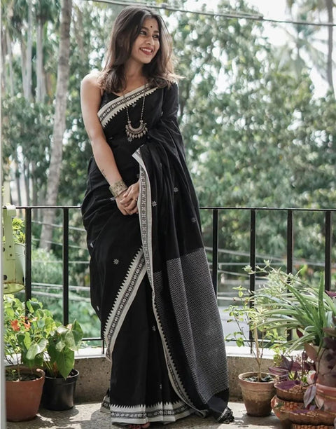 VastraLakshmi Twirling Black Cotton Silk Saree With Opulent Blouse Piece