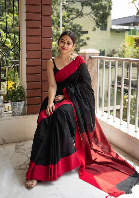 VastraLakshmi Beautiful Black Cotton Silk Saree With Designer Blouse Piece