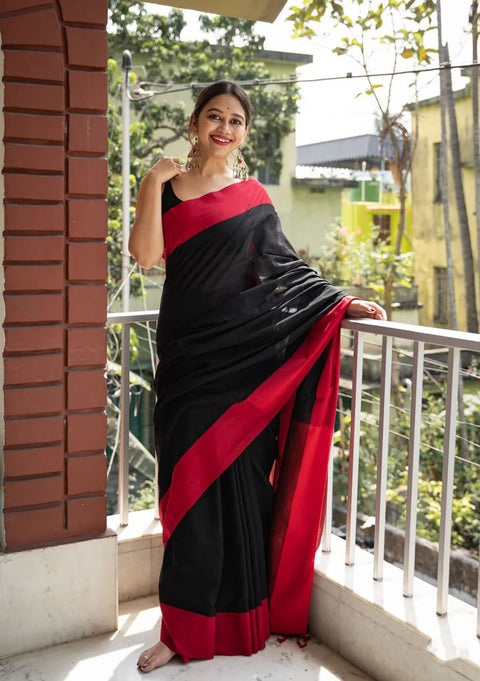 VastraLakshmi Beautiful Black Cotton Silk Saree With Designer Blouse Piece