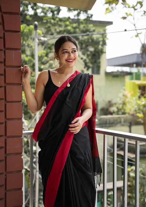 VastraLakshmi Beautiful Black Cotton Silk Saree With Designer Blouse Piece