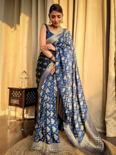 VastraLakshmi Amazing Navy Blue Soft Silk Saree With Hypnotic Blouse Piece