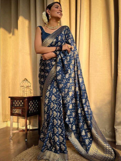 VastraLakshmi Amazing Navy Blue Soft Silk Saree With Hypnotic Blouse Piece