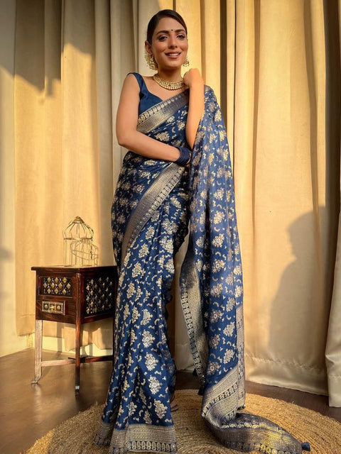 VastraLakshmi Amazing Navy Blue Soft Silk Saree With Hypnotic Blouse Piece