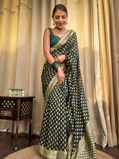 VastraLakshmi Amazing Dark Green Soft Banarasi Silk Saree With Flaunt Blouse