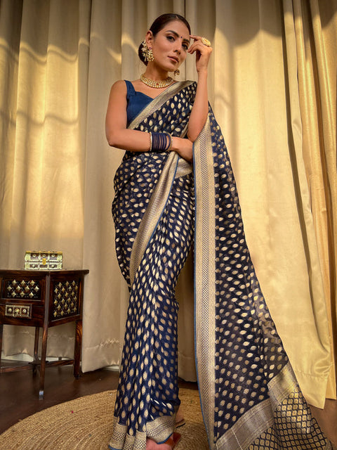 VastraLakshmi Radiant Navy Blue Soft Banarasi Silk Saree With Flamboyant Blouse