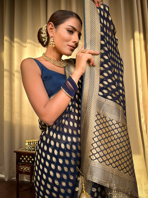 VastraLakshmi Radiant Navy Blue Soft Banarasi Silk Saree With Flamboyant Blouse