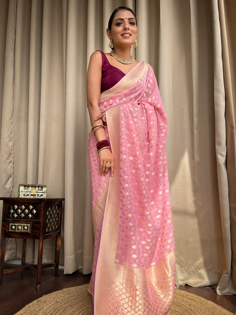 VastraLakshmi Entrancing Pink Soft Banarasi Silk Saree With Admirable Blouse