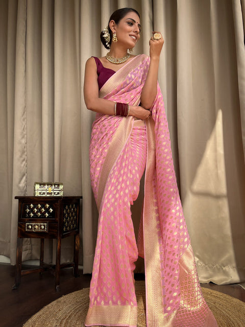 VastraLakshmi Entrancing Pink Soft Banarasi Silk Saree With Admirable Blouse