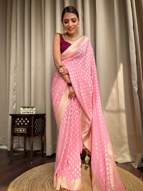 VastraLakshmi Entrancing Pink Soft Banarasi Silk Saree With Admirable Blouse