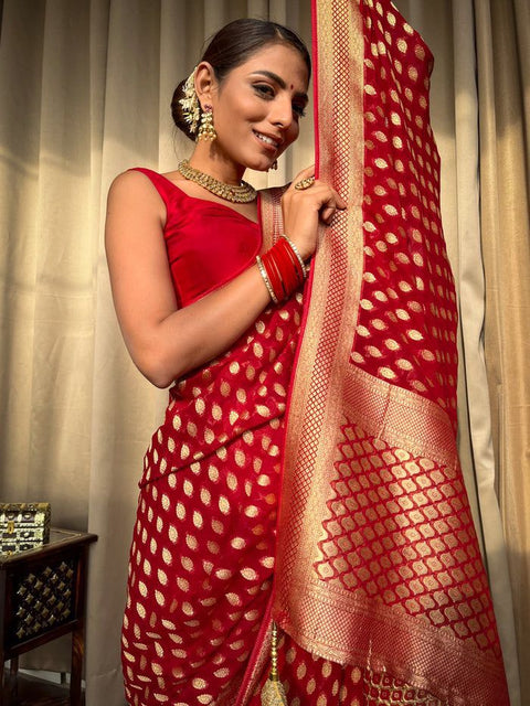 VastraLakshmi Bucolic Red Soft Banarasi Silk Saree With Dalliance Blouse