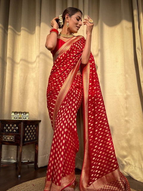 VastraLakshmi Bucolic Red Soft Banarasi Silk Saree With Dalliance Blouse