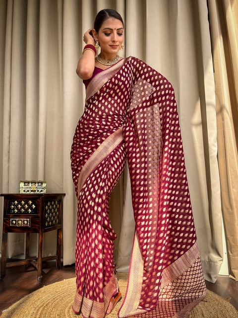 VastraLakshmi Vestigial Wine Soft Banarasi Silk Saree With Embrocation Blouse