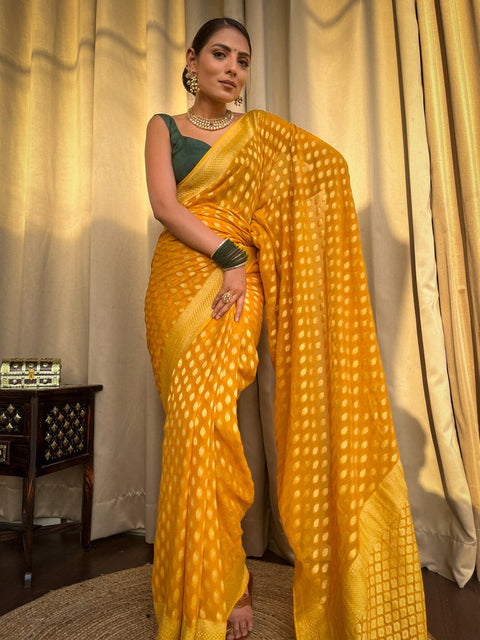 VastraLakshmi Nemesis Yellow Soft Banarasi Silk Saree With Ratatouille Blouse