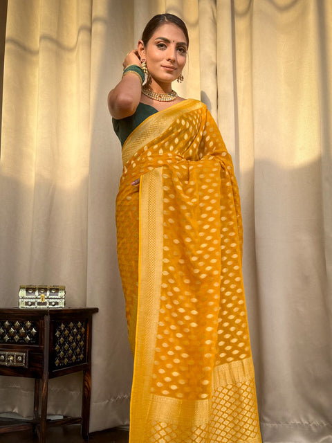 VastraLakshmi Nemesis Yellow Soft Banarasi Silk Saree With Ratatouille Blouse