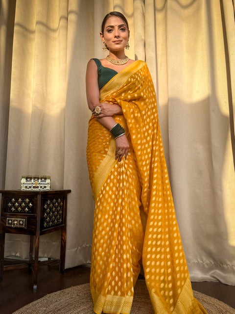 VastraLakshmi Nemesis Yellow Soft Banarasi Silk Saree With Ratatouille Blouse