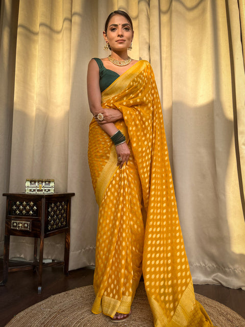 VastraLakshmi Nemesis Yellow Soft Banarasi Silk Saree With Ratatouille Blouse