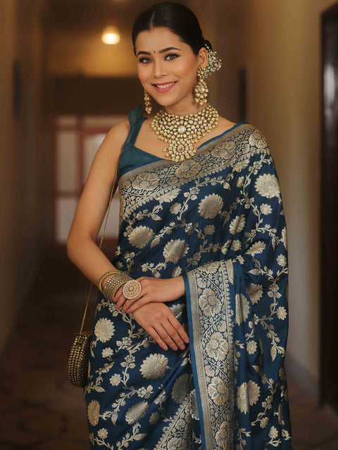 VastraLakshmi Desultory Navy Blue Soft Silk Saree With Lissome Blouse Piece