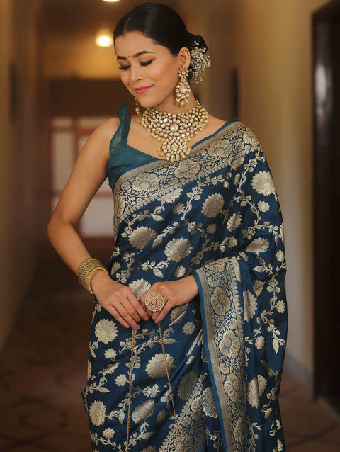 VastraLakshmi Desultory Navy Blue Soft Silk Saree With Lissome Blouse Piece