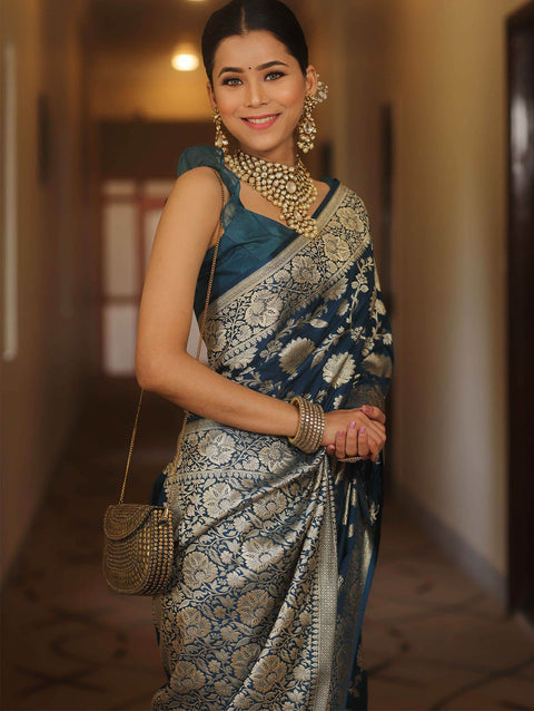 VastraLakshmi Desultory Navy Blue Soft Silk Saree With Lissome Blouse Piece