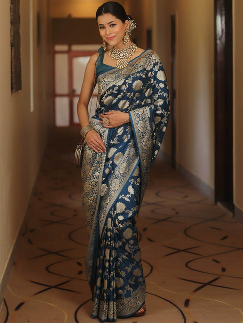 VastraLakshmi Desultory Navy Blue Soft Silk Saree With Lissome Blouse Piece