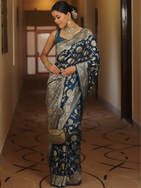 VastraLakshmi Desultory Navy Blue Soft Silk Saree With Lissome Blouse Piece