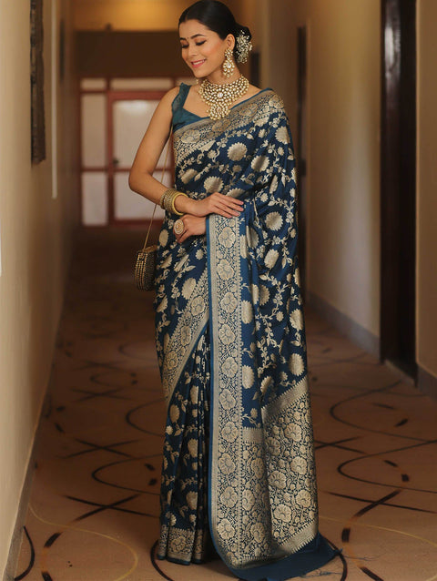 VastraLakshmi Desultory Navy Blue Soft Silk Saree With Lissome Blouse Piece