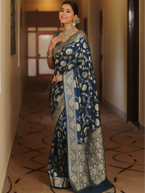 VastraLakshmi Desultory Navy Blue Soft Silk Saree With Lissome Blouse Piece