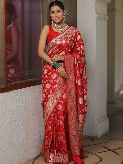 VastraLakshmi Sumptuous Red Soft Silk Saree With Symmetrical Blouse Piece